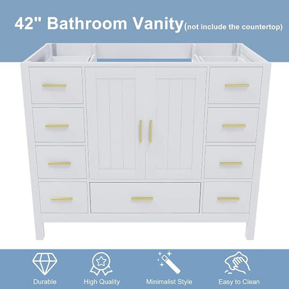 42'' Bathroom Vanity Without Sink,Multi-Functional Bathroom Cabinet with 2 Doors and 9 Drawers, Solid Frame,White(No Sink)