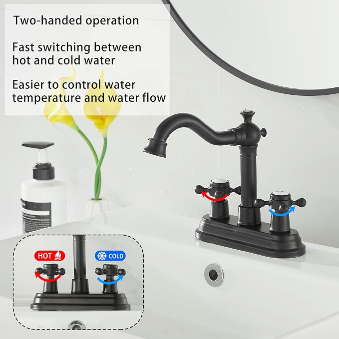 Bathroom Faucet Matte Black 2 Handles 4 Inches Centerset Black Bathroom Vanity with Drain Assembly and Supply Hose Lavatory Faucet