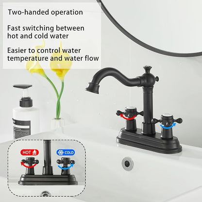 Bathroom Faucet Matte Black 2 Handles 4 Inches Centerset Black Bathroom Vanity with Drain Assembly and Supply Hose Lavatory Faucet