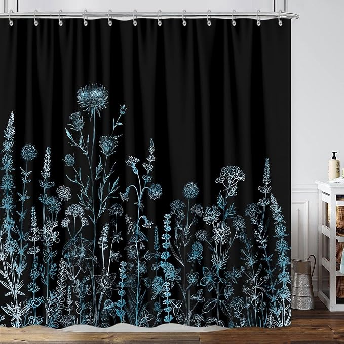 Vintage Black and Blue Boho Shower Curtain, Black and Green Floral Aesthetic Dark Wildflower Botanical Flowers Shower Curtain for Bathroom with Hook, Farmhouse Plant Art Chic Shower Curtain 72X72
