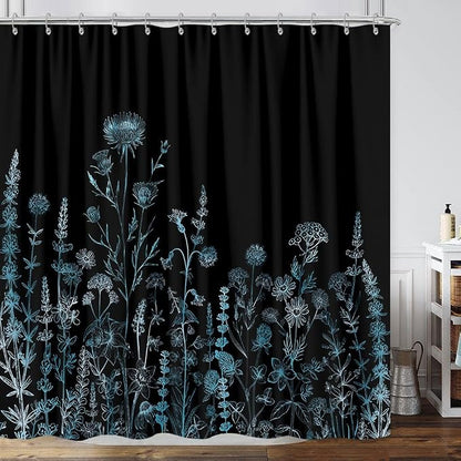 Vintage Black and Blue Boho Shower Curtain, Black and Green Floral Aesthetic Dark Wildflower Botanical Flowers Shower Curtain for Bathroom with Hook, Farmhouse Plant Art Chic Shower Curtain 72X72