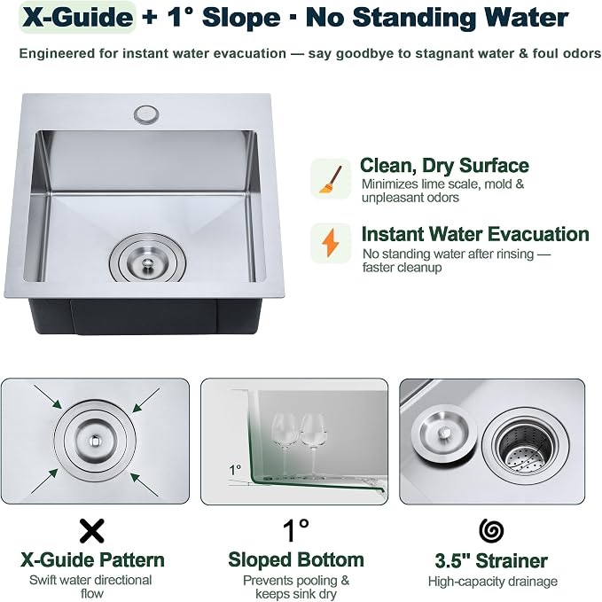 15 x 15 inch Bar Sink | Drop-in, R10 Tight Radius,304 Stainless Steel, Topmount Kitchen Sink Single Bowl, Brushed