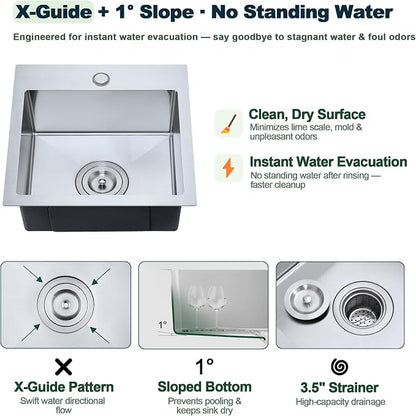 15 x 15 inch Bar Sink | Drop-in, R10 Tight Radius,304 Stainless Steel, Topmount Kitchen Sink Single Bowl, Brushed
