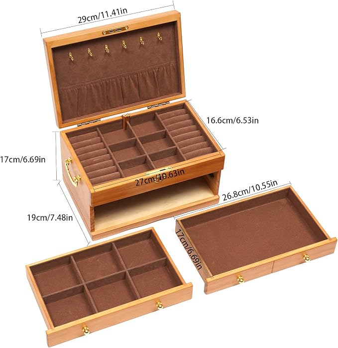 Extra Large 3 Layers Wooden Jewelry Box Jewelry Case Cabinet Armoire Ring Necklacel Gift Storage Box Organizer(3 layers,6 built-in hooks)