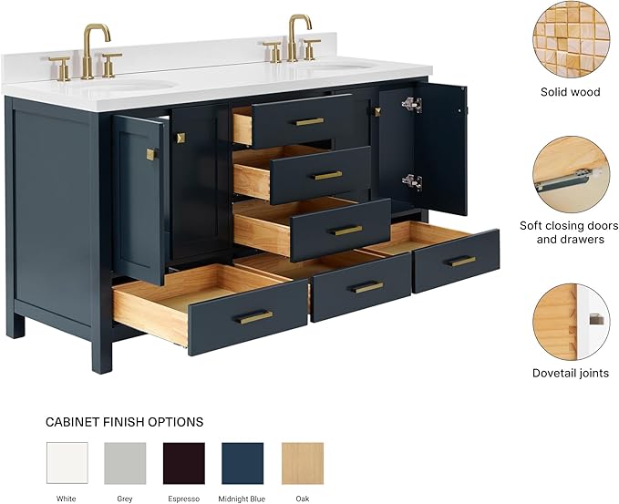 ARIEL Cambridge 66-inch Bathroom Vanity with Sink,Solid Wood, 1.5-inch Pure White Quartz Countertop & Backsplash, Double Oval Porcelain Sink, 4 Soft Closing Doors, 6 Dovetail Drawers, Midnight Blue