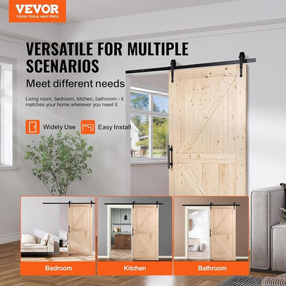 VEVOR 42in x 84in Sliding Barn Door with 7ft Barn Door Hardware Kit Included & Handle, Water-Proof Solid Wood, Easy Assembly, for Interior Rooms & Storage Closet, K-Frame, DIY, Stainable, Natural