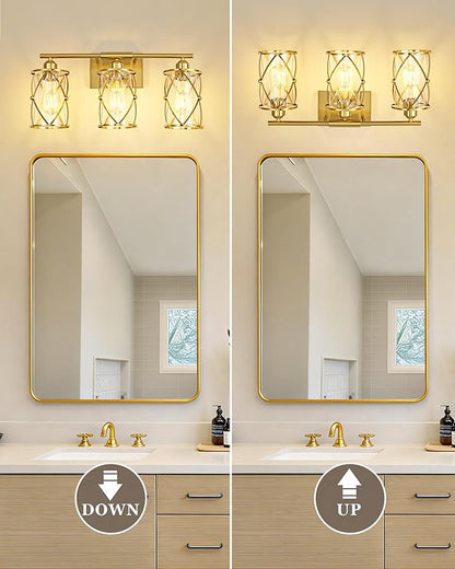 3-Light Brushed Gold Bathroom Light Fixtures, 21 Inch Modern Bathroom Vanity Lighting Fixtures Over Mirror with Clear Glass and Metal Cage Wall Sconce Lights for Bath, E26, CH9176BG-3W