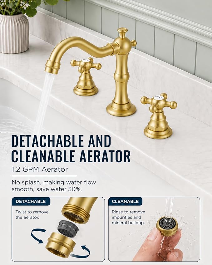 gotonovo Bathroom Faucet 3 Hole Vintage, Brushed Gold, Hot Cold Label | Widespread Bathroom Sink Faucet 8 Inch 2 Cross Handles,Pop Up Drain,cUPC Supply Line,4-15.7” Install,for Vanity Farmhouse RV