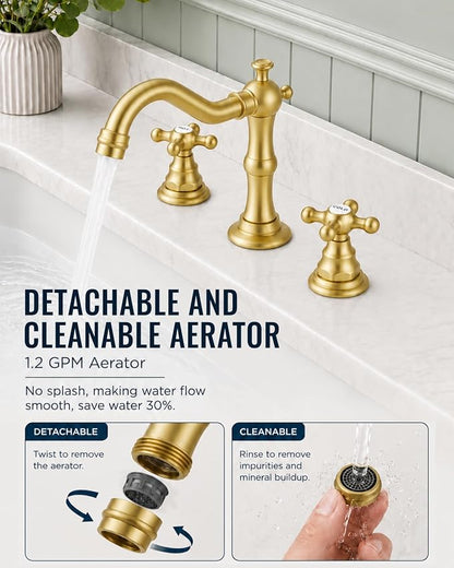 gotonovo Bathroom Faucet 3 Hole Vintage, Brushed Gold, Hot Cold Label | Widespread Bathroom Sink Faucet 8 Inch 2 Cross Handles,Pop Up Drain,cUPC Supply Line,4-15.7” Install,for Vanity Farmhouse RV