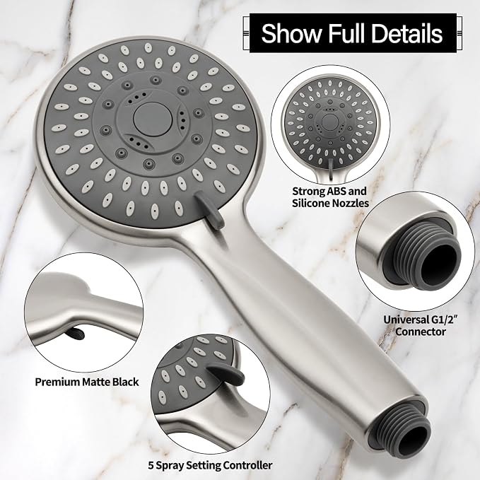Shower Head with Handheld, 5-Settings Showerhead High Pressure Powerful Water Spray Shower Head Set with 59 Inch Stainless Steel Hose and Bracket, Brushed Nickel
