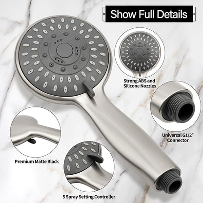 Shower Head with Handheld, 5-Settings Showerhead High Pressure Powerful Water Spray Shower Head Set with 59 Inch Stainless Steel Hose and Bracket, Brushed Nickel