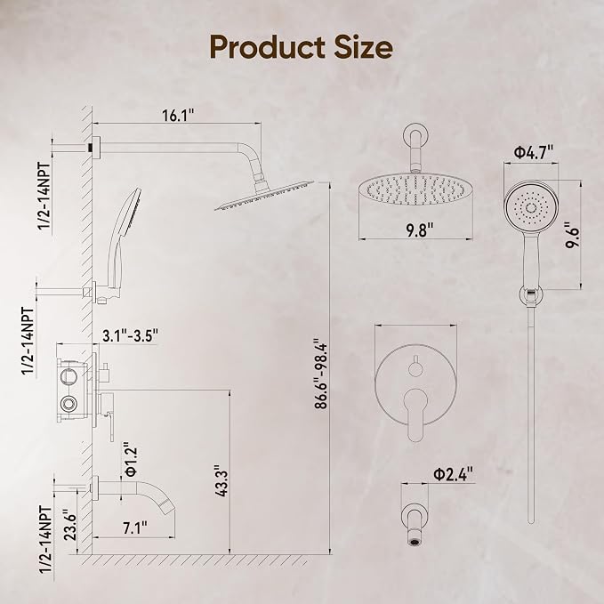 Brushed Gold Shower System with Tub Spout with 10" Rain Shower Head | All Metal Tub Shower Faucet Set with Shower Head and Handheld Spray combo, Wall Mounted Shower System with valve and Trim kit