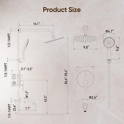Brushed Gold Shower System with Tub Spout with 10" Rain Shower Head | All Metal Tub Shower Faucet Set with Shower Head and Handheld Spray combo, Wall Mounted Shower System with valve and Trim kit