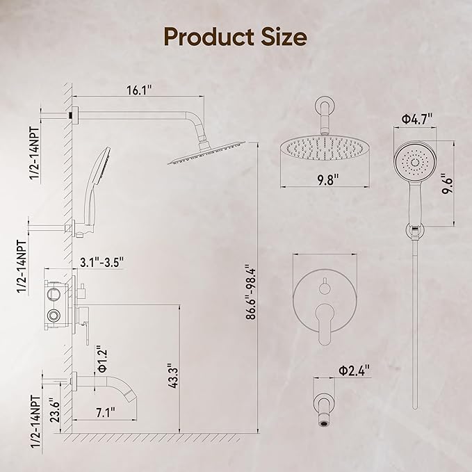 Matte Black Shower System with Tub Spout and 10-Inch Shower Head | All Metal Wall Mounted Bathroom Shower Faucet Set, High Pressure Shower Head and Handheld Combo Set Include valve and Trim