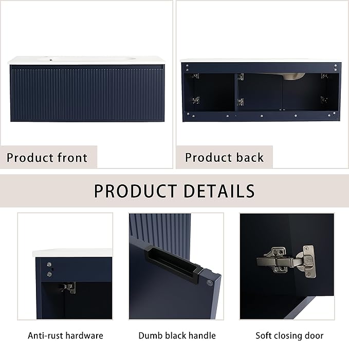 SSLine Modern 48" Floating Bathroom Vanity with Sink Wall Mounted Bathroom Vanity with Top Basin & Storage Cabinet Navy Blue Wood Hanging Vanity w/Drop-Shaped Resin Sink for Small Space