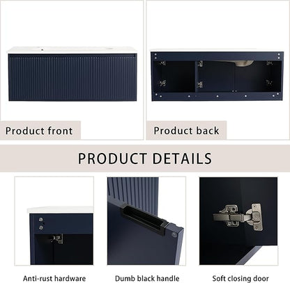 SSLine Modern 48" Floating Bathroom Vanity with Sink Wall Mounted Bathroom Vanity with Top Basin & Storage Cabinet Navy Blue Wood Hanging Vanity w/Drop-Shaped Resin Sink for Small Space