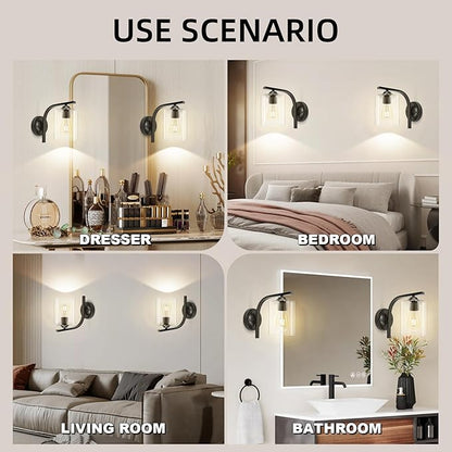 CANMEIJIA Wall Sconce 2 Light, Modern Wall Lighting Fixture, Bathroom Vanity Lights with Matte Black Wall Lamp for Bedroom Kitchen Hallway Porch, Clear Glass Shade, E26 Socket, Bulbs Not Included