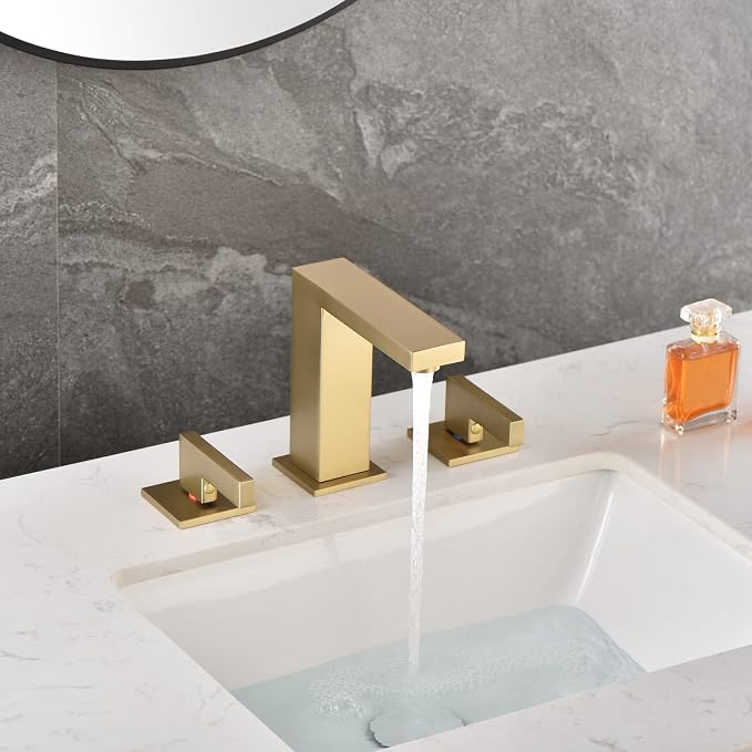 sumerain Brushed Gold 8 Inch Widespread Bathroom Faucet 2 Handle Lavatory Faucet Solid Brass, with Quick Connect Hose