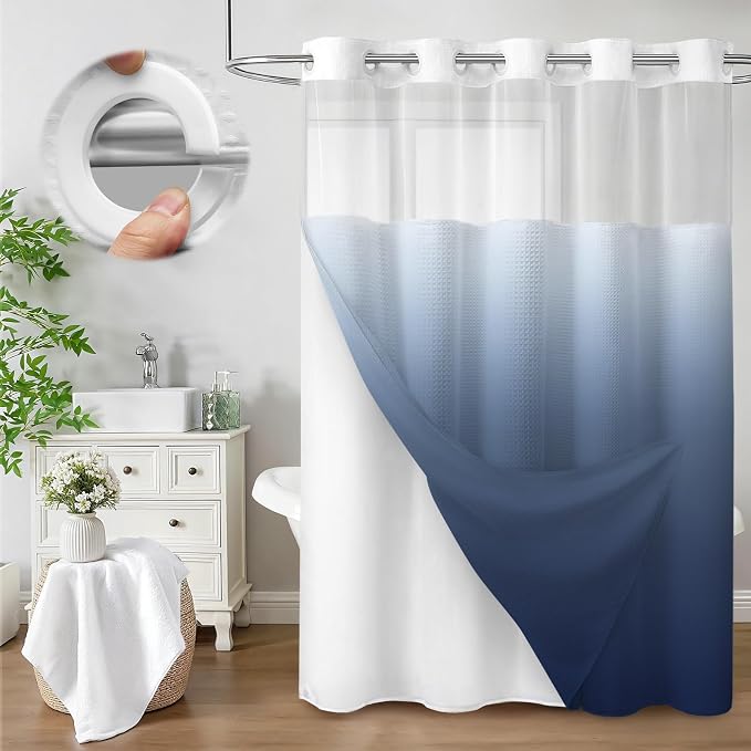 No Hook Shower Curtain and Liner Set,Ombre Blue Hotel Waffle Shower Curtain with Liner 75" L x 72" W