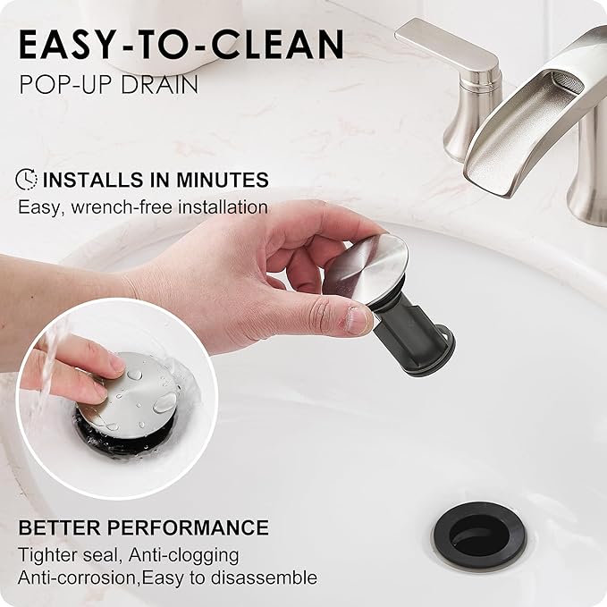Brushed Nickel Bathroom Faucet 3 Hole, 4-8 Inch Waterfall Bathroom Sink Faucet Widespread with Drain & cUPC Supply Hose, 2 Handles for Vanity, Lavatory, Restroom, Brass Material, 10 Mins Install