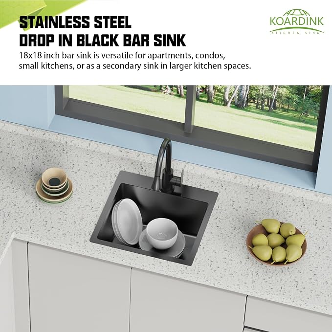 Black 18x18 In Drop In Kitchen And Bar Sink- Stainless Steel Single Bowl Kitchen Sink Modern Topmount Bar Sink With Silicon Mat,Drain Strainer Set Compatibility With Various Kitchen & Bar Style