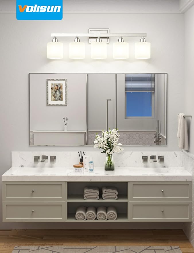 VOLISUN Brushed Nickel 5-Light Bathroom Vanity Light Fixtures Over Mirror | Modern Vanity Light for Bathrooms, Milky White Frosted Glass Shades