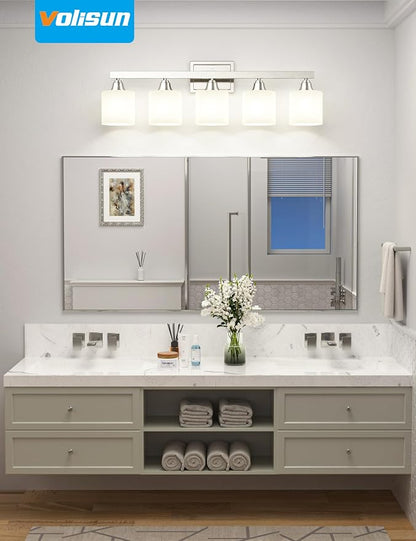 VOLISUN Brushed Nickel 5-Light Bathroom Vanity Light Fixtures Over Mirror | Modern Vanity Light for Bathrooms, Milky White Frosted Glass Shades