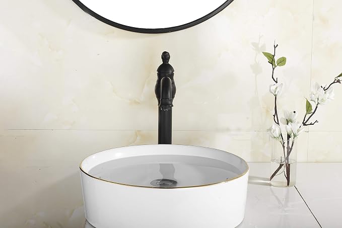 Black Single-Handle One Hole Bathroom Vessel Sink Faucet with Pop Up Drain | Bowl of Sink Deck Mount Lavatoy Basin Tap Tall Body 360° Swivel