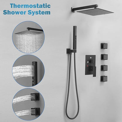RUMOSE Rainfall Shower System with 4 Body Jets Wall Mounted 4 Mode Shower Faucet Set with 12 Inch Rain Shower Head and 2 in 1 Handheld Spray, Oil Rubbed Bronze Brass Shower Fixtures, Rough-in Valve