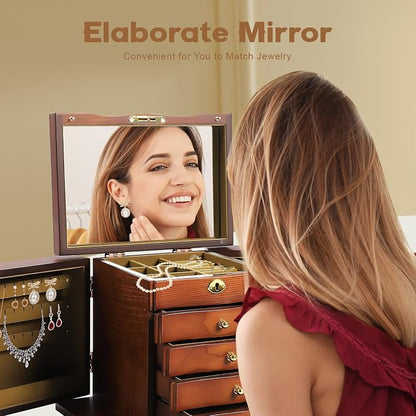 Wood Jewelry Box with 4 Drawers, Desktop Jewelry Organizer with Built-in Mirror & Combo Lock, Large Jewelry Storage Display Case for Necklace Ring Bracelet Watch, Brown