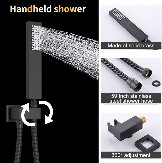 AYIVG Thermostatic Shower System with 6PCS Body Jets Matte Black Temperature Displa Shower Faucet Set Ceiling Shower System with Push Button Diverter LED 12 Inch Rain Shower Head with Handheld Spray