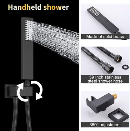 AYIVG Thermostatic Shower System with 6PCS Body Jets Matte Black Temperature Displa Shower Faucet Set Ceiling Shower System with Push Button Diverter LED 12 Inch Rain Shower Head with Handheld Spray