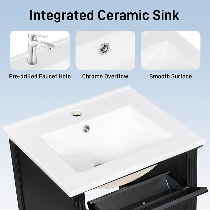 GDFStudio Hawthorne 20" Modern Bathroom Vanity with Sink, Freestanding Bathroom Vanity Organizer with Tilt Out Drawer, Adjustable Shelf and Solid Wood Legs, Single Sink Bathroom Vanity, Black