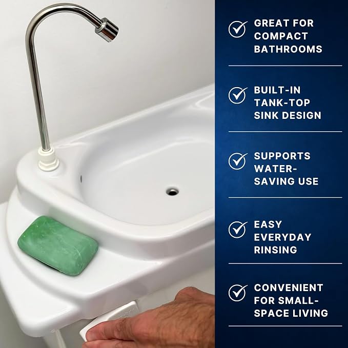 Sinkology SinkPositive GreenFlow Toilet Tank Sink, Water Saving Retrofit | Turns toilet tank lid into a handwashing sink, no plumbing needed, reuses rinse water, small bath saver