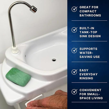 Sinkology SinkPositive GreenFlow Toilet Tank Sink, Water Saving Retrofit | Turns toilet tank lid into a handwashing sink, no plumbing needed, reuses rinse water, small bath saver