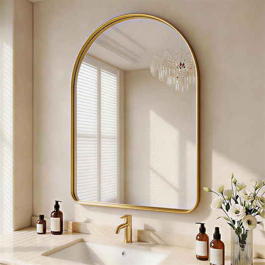 Arched Bathroom Mirror - 38x26 Inch Gold Bathroom Mirror for Wall - Aluminum Alloy Framed Mirror - Arched Top Bathroom Vanity Mirror for Living Room, Bedroom, Mantel, Entryway, and Hallways