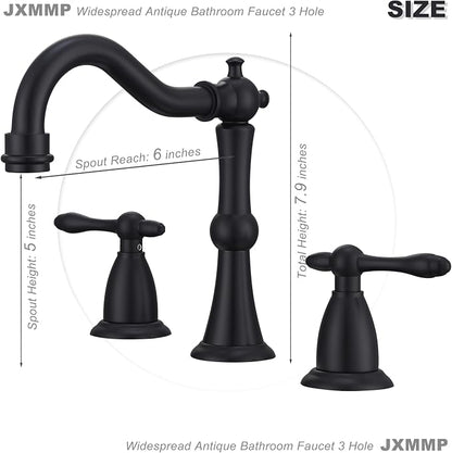 Matte Black Antique Bathroom Faucet 3 Hole, Widespread Sink Faucet with Pop Up Drain and cUPC Supply Hose, Modern 2 Handle Black Faucet for Bathroom Sink JXM3073BK