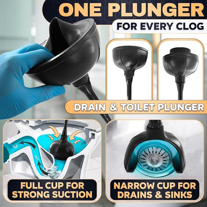 2-in-1 Black Toilet Brush and Plunger Set with Holder – Compact Bathroom Cleaning Combo, Strong Rubber Plunger & Stiff Bristle Brush, Space-Saving Stand, Fits Most Standard Toilets, 6.4×5.5×17.1 inch
