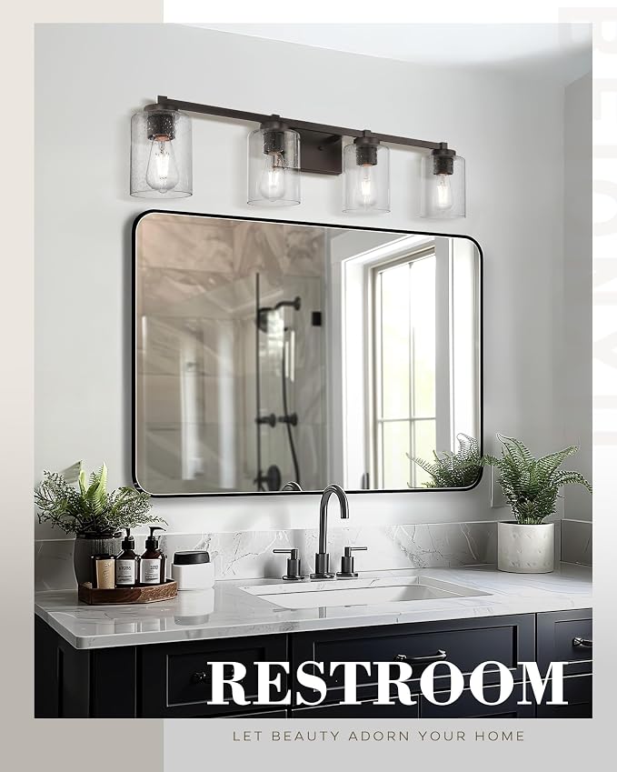 Beionxii 34In Farmhouse Bathroom Light Fixtures,Rustic Vanity Light Fixture | 4-Light Bathroom Vanity Light Fixture, Seeded Glass Shade, Oil Rubbed Bronze Over Mirror for Bathroom Living Room, BXMB9002-4