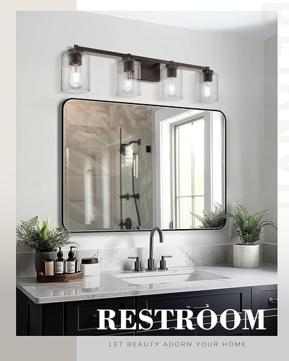 Beionxii 34In Farmhouse Bathroom Light Fixtures,Rustic Vanity Light Fixture | 4-Light Bathroom Vanity Light Fixture, Seeded Glass Shade, Oil Rubbed Bronze Over Mirror for Bathroom Living Room, BXMB9002-4