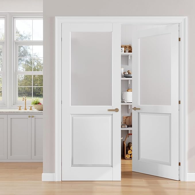 SMARTSTANDARD 64" x 80" Frosted Glass Interior Door Slab, Solid Core | Pre-Assembled French Slab Door for Pantry Laundry Closet Bathroom, without Hardware, White Primed, Paintable Surface