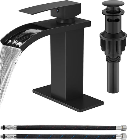 Waterfall Bathroom Faucet 1 Hole, Single Hole Bathroom Faucet, Single Handle Vanity Sink Faucet with Deck Plate, Pop-up Drain & Supply Lines, Matte Black