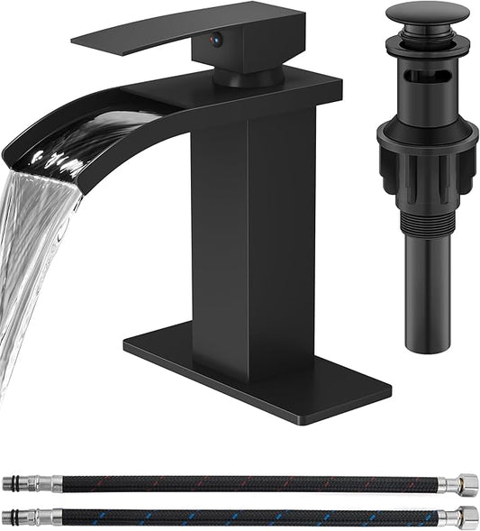 Waterfall Bathroom Faucet 1 Hole, Single Hole Bathroom Faucet, Single Handle Vanity Sink Faucet with Deck Plate, Pop-up Drain & Supply Lines, Matte Black
