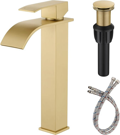 Vessel Sink Faucet, JXMMP Brushed Gold Bathroom Faucet Single Hole with Supply Hose and Pop Up Drain, Single Handle Waterfall Faucet for Bowl Sink, 1 Hole Vanity Faucet, JXM1221BG