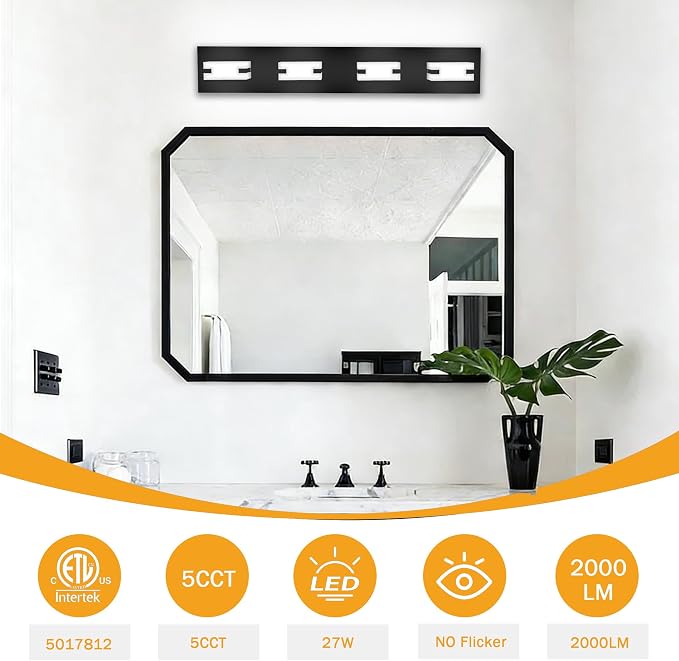 LED Black Bathroom Light Fixtures, 4-Light 27W 5CCT Modern Vanity Lights | NOVELUX LED Black Bathroom Light Fixtures, 4-Light Modern Vanity Lights , ETL Listed, 27W 5CCT Adjustable