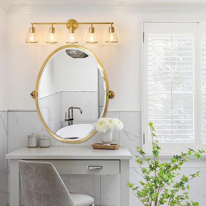 38.5" 5-Light Brushed Gold Modern Bathroom Vanity Light Fixture Over Mirror | Clear Glass Shade, Heat-Resistant Ceramic E26 Socket, Wall Sconces, Rustproof, Fit 40–48 Inch Mirrors for Vanity Table