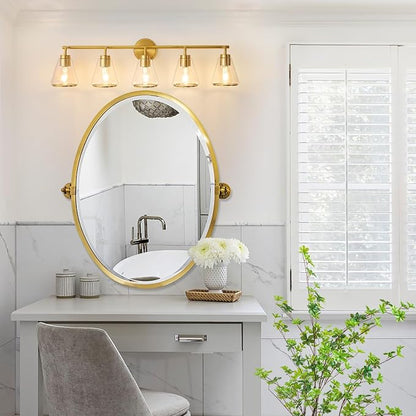 38.5" 5-Light Brushed Gold Modern Bathroom Vanity Light Fixture Over Mirror | Clear Glass Shade, Heat-Resistant Ceramic E26 Socket, Wall Sconces, Rustproof, Fit 40–48 Inch Mirrors for Vanity Table