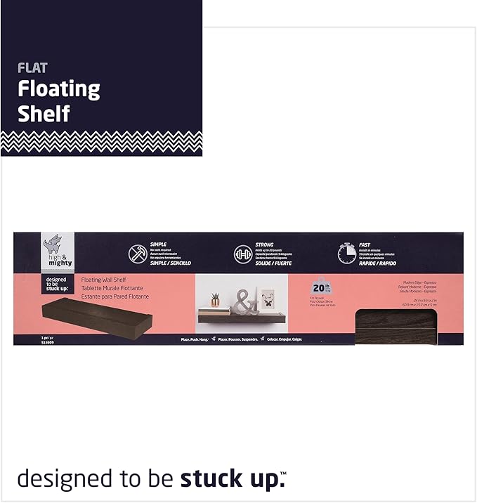 HIGH & MIGHTY 515603 Modern 18" Floating Shelf Holds up to 15lbs, Easy Tool-Free Dry Wall Installation, Flat, Retail Packaging, Espresso