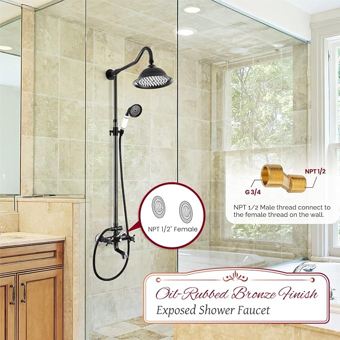 gotonovo Vintage Exposed Shower Faucet Set with Tub Spout,Oil Rubbed Bronze | Bathtub 8” Shower Head with Handheld System Fixtures Combo Kit,360°Rotation,Fast Filler,Extra Extension Tube,for 5-6.7" Hole
