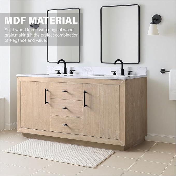 HOMEBEYOND 60 Inch Bathroom Vanity with Double Sink & Ceramic Top, MDF Material Vanity Cabinet with Basin Combo, Soft-Closing Doors, Removable Shelf, Backsplash